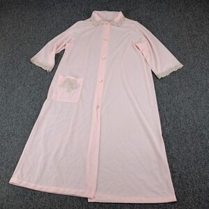 Shirey Womens Vintage 60s Robe Housecoat 13/14 Nylon Pink Lace Trim Button Front